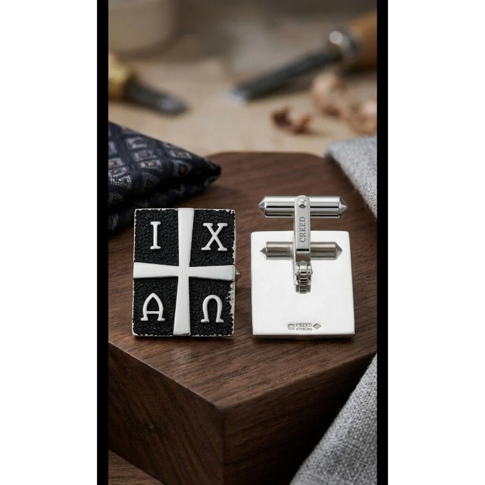 Rare Vintage Creed Sterling Silver Alpha Omega Cross Religious Cufflinks Pat.